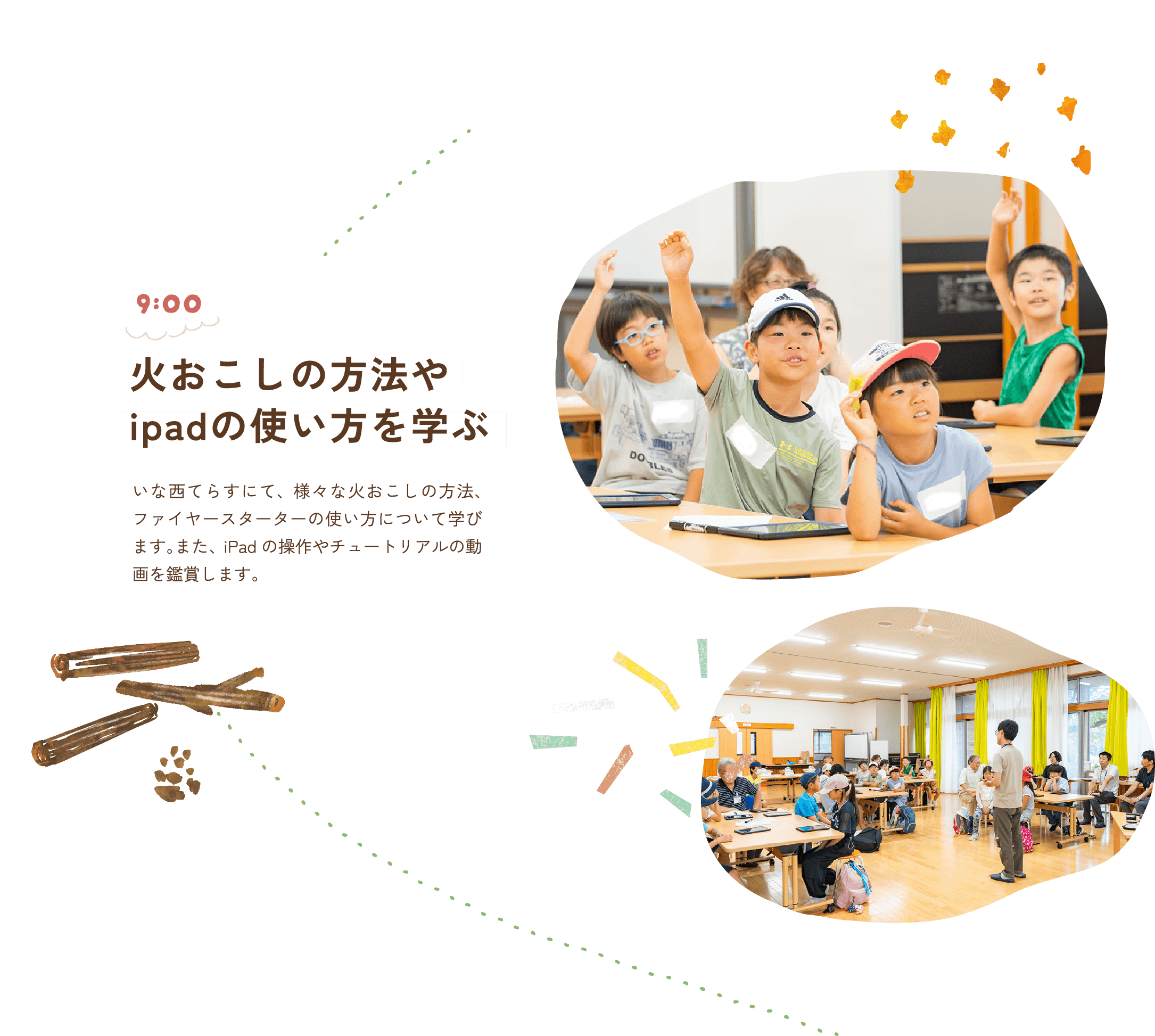 9:00 火おこしの方法やipadの使い方を学ぶ いな西てらすにて、様々な火おこしの方法、ファイヤースターターの使い方について学びます。また、iPadの操作やチュートリアルの動画を鑑賞します。